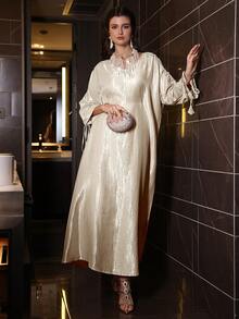 Al Najma Fashionable Elegant V-Neck Batwing Sleeve Ruched Long Dress, Spring/Summer - Champagne - View 8