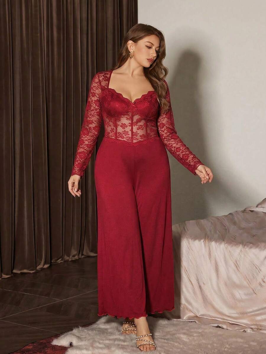 Slumberist Plus Size Women Lace Round Neck Top And Flare Pants Pajama Set - Burgundy - View 1