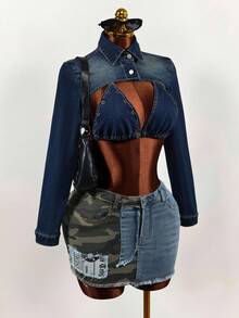 Slaydiva Áo nữ tay dài denim cổ bẻ cài nút, kiểu dáng thời trang, đa năng, thích hợp cho hẹn hò hoặc dạo phố. - Màu xanh lam - Xem 1