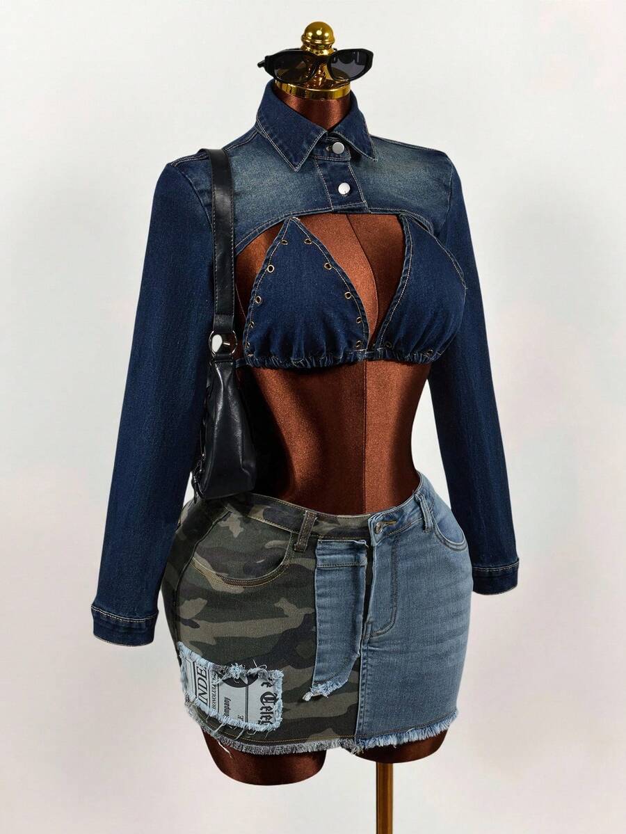 Slaydiva Áo nữ tay dài denim cổ bẻ cài nút, kiểu dáng thời trang, đa năng, thích hợp cho hẹn hò hoặc dạo phố. - Màu xanh lam - Xem 1