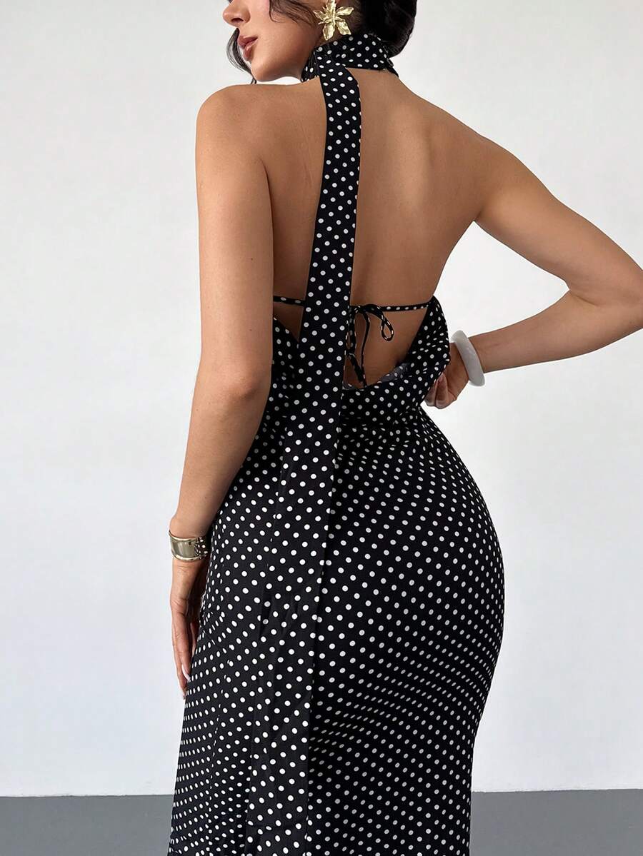 Rafferiza Đầm dự tiệc dài thanh lịch dành cho nữ, kiểu cổ yếm, hở lưng, thắt eo. - Đen và trắng - Xem 1