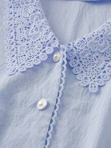 EMERY ROSE Plus Size Solid V-Neck Lace Short Sleeve Front Button Summer Blouse - Blue - View 4