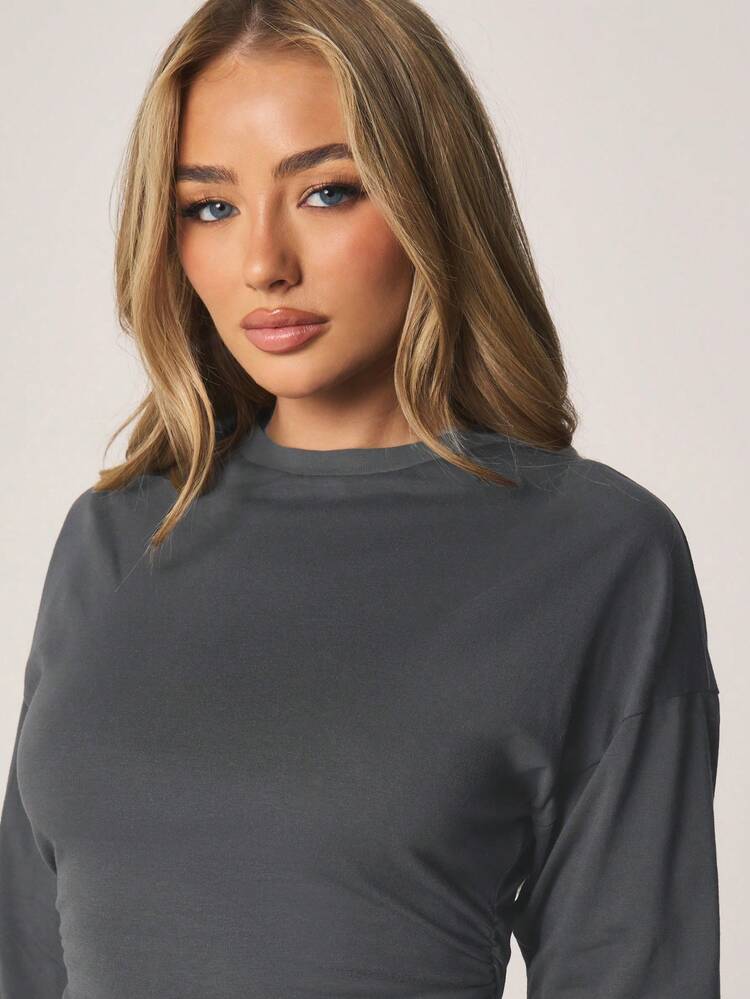 MISSGUIDED Koszulka z długim rękawem i okrągłym dekoltem, dopasowana, czarna, z marszczeniami w talii, idealna na jesień i zimę, na co dzień