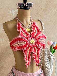 Soleia Women's Pink Floral Summer Boho Crochet Halter Neck Vest,Vacation Holiday Beach Cruise Music Festival Outfit,Retro Casual Crochet Top Party Luau - Pink - View 1