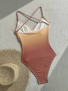 SHEIN WYWH Women's Ombre Criss-Cross One-Piece Swimsuit, Fashionable For Vacation - Multicolor - View 2