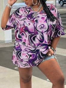SHEIN CURVE+ 大码扎染圆领短袖宽松夏季时尚百搭T恤 - 彩色 - 查看 4