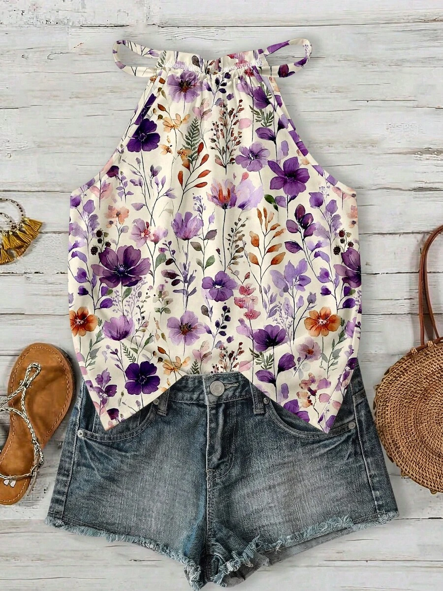 SHEIN LUNE 女士经典优雅紫色乡村花卉印花露背吊带背心 - 海岛度假风及波西米亚风夏季上衣，适合海滩、邮轮、音乐节、演唱会、婚礼宾客、城市旅行、乡村音乐节前夜等场合 - 彩色 - 查看 1