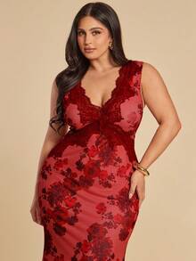 SHEIN BAE Plus Size Women's Elegant Red Floral Print Satin Dress,Autumn V-Neck Lace Patchwork Bodycon Maxi Dress,Sleeveless Party Special Occasion Long Dress - Multicolor - View 4
