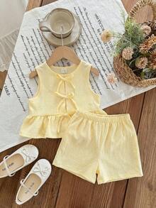 SHEIN LMoss Kids 女婴可爱夏季粉白条纹蝴蝶结无袖上衣和松紧腰短裤套装 - 彩色 - 查看 3