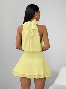SHEIN PETITE Vestido de mujer sexy y elegante con cuello halter, cintura fruncida de gasa - Amarillo claro - Ver 2