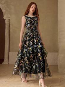 MOTF PREMIUM WOMEN'S EMBROIDERY MESH FLORAL PATTERN ROMANTIC DATE SLEEVELESS LONG DRESS, SPRING/SUMMER - Black - View 5