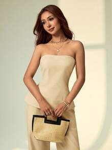 SHEIN PETITE Bộ 2 món áo quây và quần màu trơn dành cho nữ, kiểu dáng thường ngày. - Màu Khaki - Xem 7