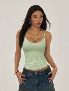 SHEIN PETITE 女款純色抓皺修身細肩帶背心，適合小碼女性 - 薄荷綠 - 查看 3
