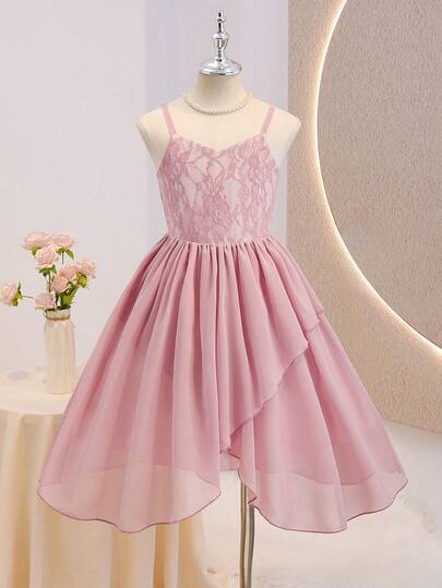 Tween Girl Elegant Pink Sleeveless Lace Chiffon Fitted Dress, Suitable For Evening Party, Christmas, Halloween, Wedding, Prom, Graduation, Back To School And Other Occasions
