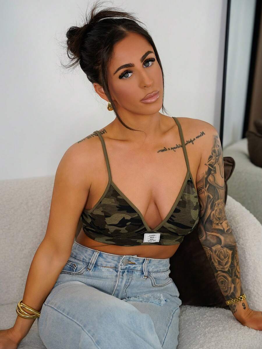 SAYEHFBABY 女士春夏 Y2K 街头服饰迷彩撞色滚边短款背心 - 軍綠色 - 查看 1
