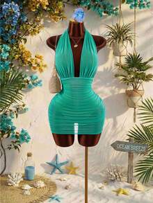 Amplova Rhinestone Embellished Backless Bodycon Sleeveless Party Dress - Blue - View 4