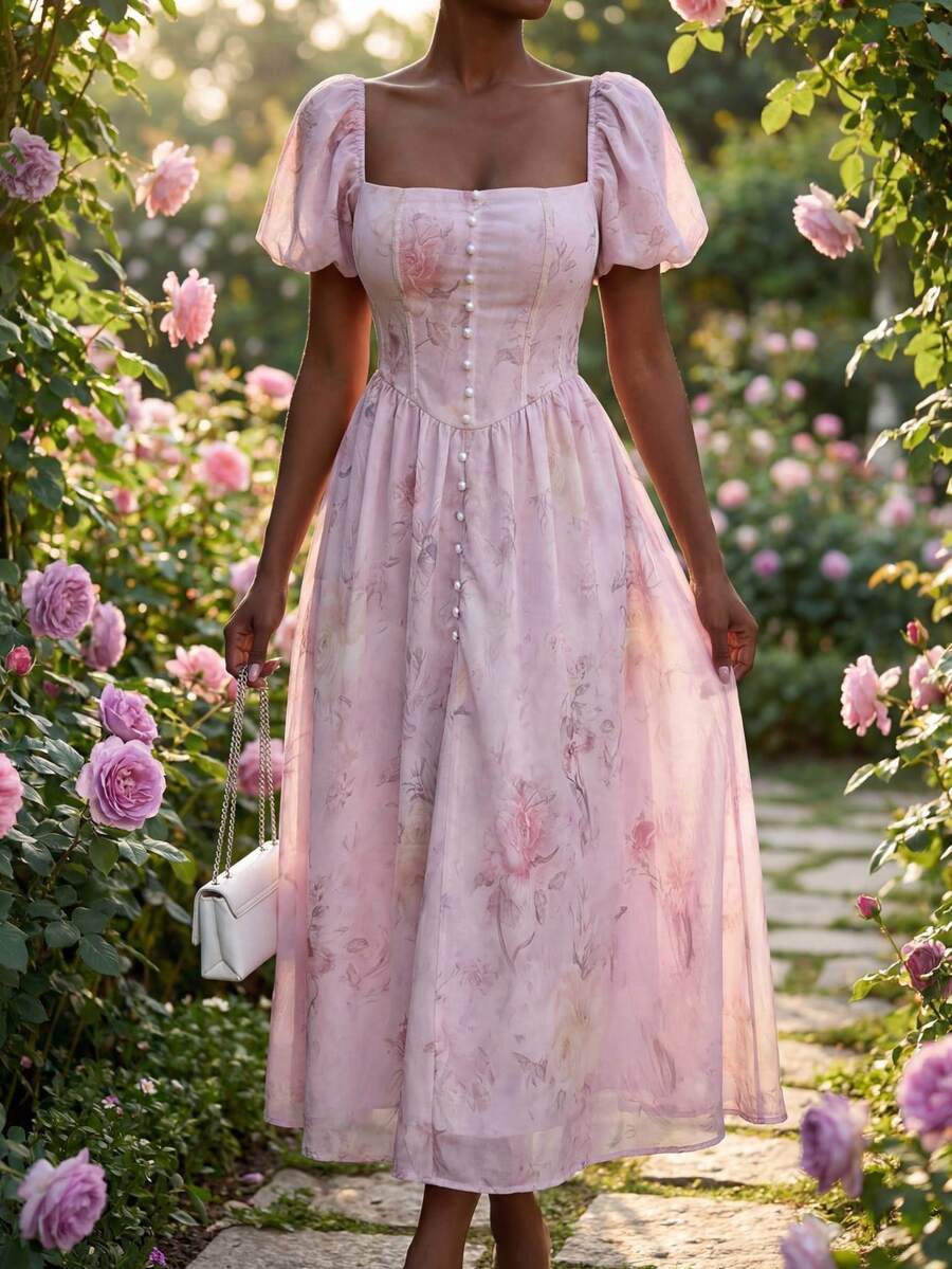 DAZY French Floral Print Elegant Ruffle Collar Short Sleeve Dress For Women Summer Easter Maxi Dress Sundress - Mauve Purple - View 1