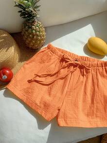 Comfortcana Women's Casual Loose Drawstring Solid Color Shorts, Versatile Daily Wear Coral Orange Linen Shorts - Coral Orange - View 5