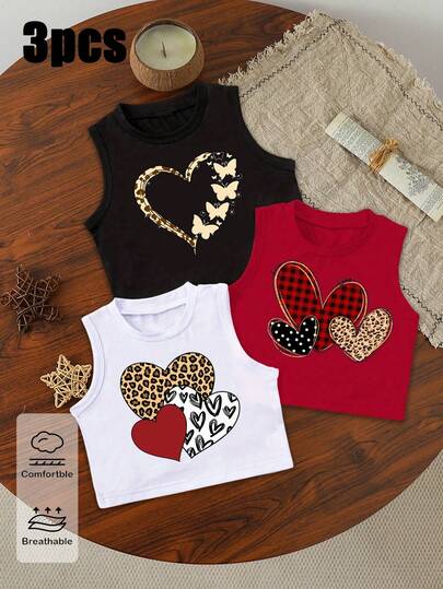 3pcs Young Girl Casual Tops, Spring Summer Autumn, Fashion Creative Personalized Fresh Cute Minimalist Leopard Floral Plaid Polka Dot Stripe Heart Butterfly Pattern Letter Graphic Print Top 3-Piece Set, Black White Burgundy, Comfortable Daily Wear, Cozy Summer Styles Suitable For Young Girl