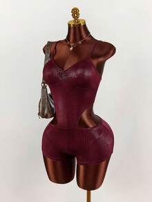 Amplova 新款音乐节及派对镂空露脐女式连体裤 - 酒紅色 - 查看 3