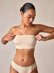 女士无肩带无缝隐形文胸抹胸文胸露背透气无钢圈文胸新娘文胸提托性感内衣 - 米色 - 查看 3