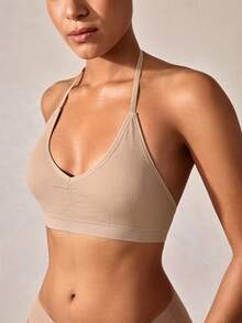 Veilyse 1pc Seamless Ribbed Racerback V-Neck Sports Bra, Removable Pads, Soft Comfortable Breathable Yoga Brafor Summerfor Summer - Khaki - View 9