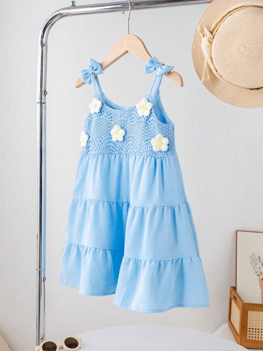 SHEIN Young Girl' Casual Minimalist Jacquard Fabric 3D Crochet Flower Strap Cake Dress, Summer - Baby Blue - View 1