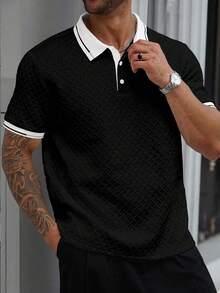 Manfinity Homme Plus Size Men's Casual Colorblock Polo Shirt, Summer - Black - View 3