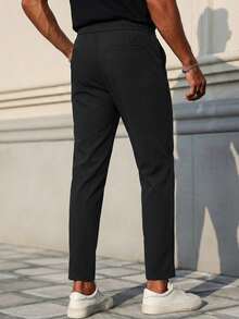 男士纯色高腰抽绳休闲裤，裤脚收口 - 黑色 - 查看 2