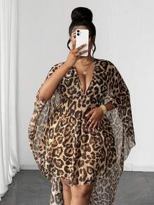 Maweii Plus Size Women Leopard Print Deep V-Neck Ruffle Hem Sexy Dress Fall - Brown - View 2