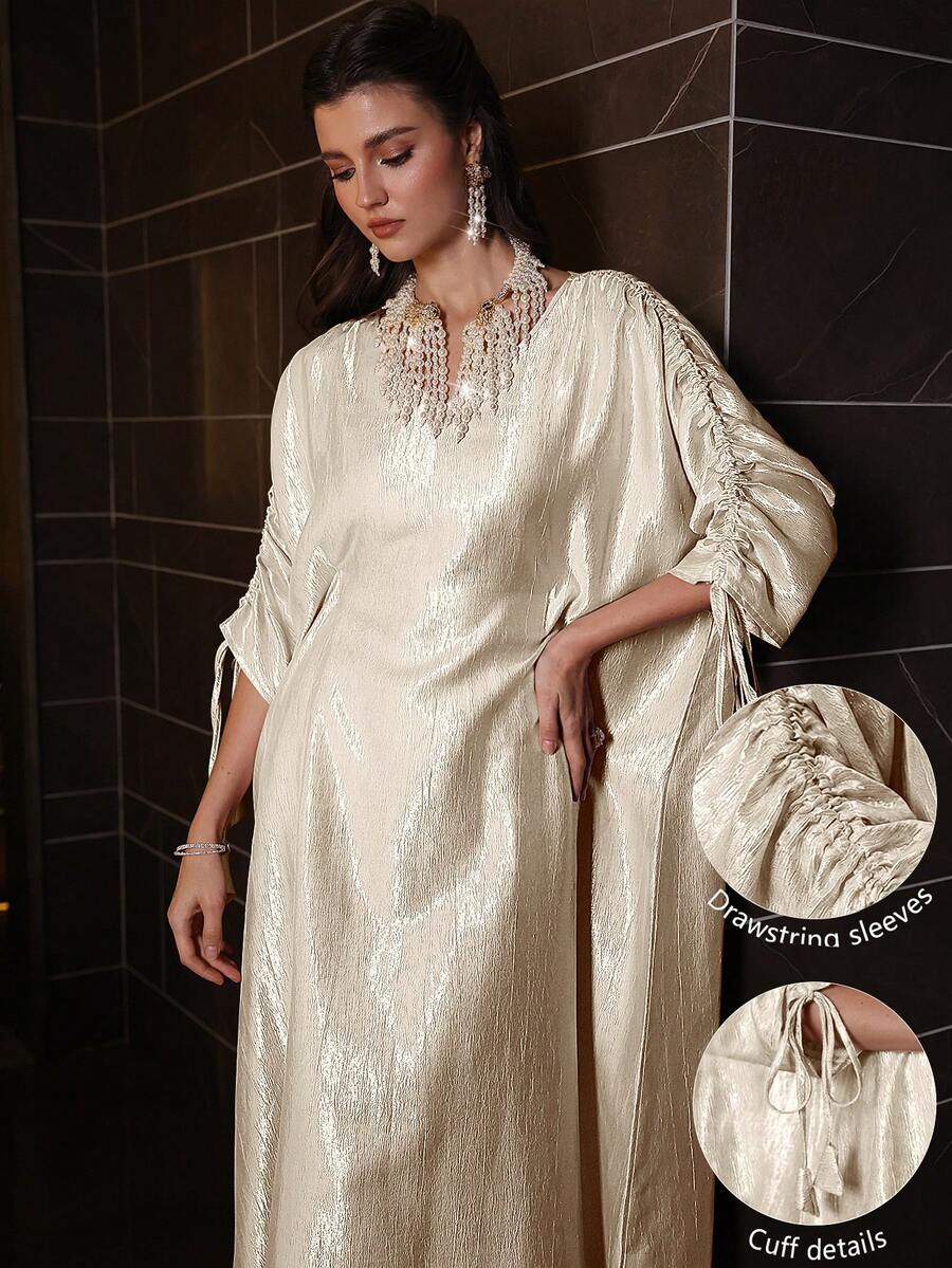 Al Najma Fashionable Elegant V-Neck Batwing Sleeve Ruched Long Dress, Spring/Summer