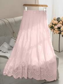 Seusyu 女士中长款松紧腰镂空刺绣半身裙，春夏款 - 粉色 - 查看 2