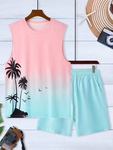 Genlund Men's Gradient Print Beach Vacation Tank Top & Drawstring Shorts Set, Holiday - Multicolor - View 3