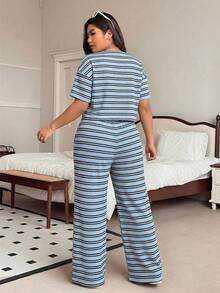 SHEIN EZwear 大码女式条纹圆领短袖上衣和阔腿裤休闲两件套 - 藍色 - 查看 2