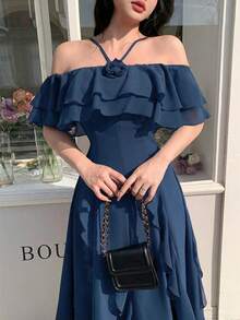 Feyla Gaun Elegan Wanita Warna Polos dengan Dekorasi Bunga 3D, Ruffle, Model Off-Shoulder Halter - Biru - View 4