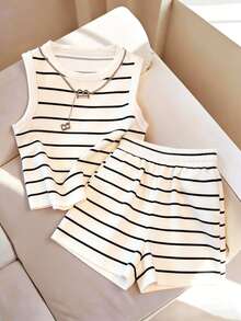 Resyla Women's Minimalist Commuter Round Neck Striped Print Loose High Waist Pocketed A-Line 2 Pieces Set - Black and White - View 1