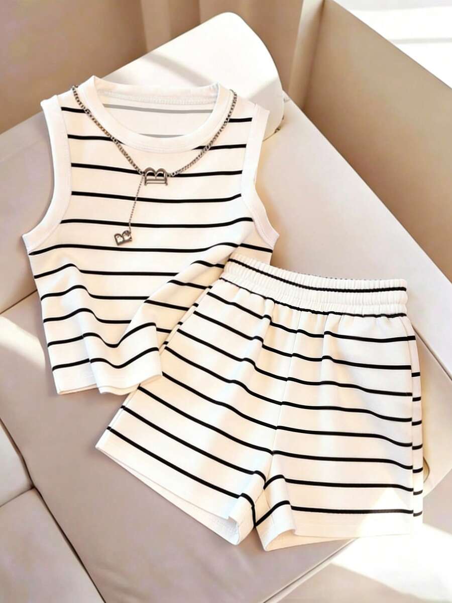 Resyla Women's Minimalist Commuter Round Neck Striped Print Loose High Waist Pocketed A-Line 2 Pieces Set - Black and White - View 1