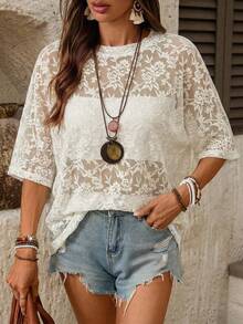 Freevana 大码薄纱蕾丝休闲T恤 - 米色 - 查看 4