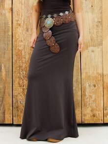 Bela Noronha Women's Solid Color Pleated Fishtail Hem Skirt, Vacation Brown Classy Elegant Skirt,  Winter Women,  New Year Look, Thanksgiving Outfits. Elegant Long Skirt, Chic Elegant Dress For Party, Luxury Wedding Guest Party Dress - Brown - View 3