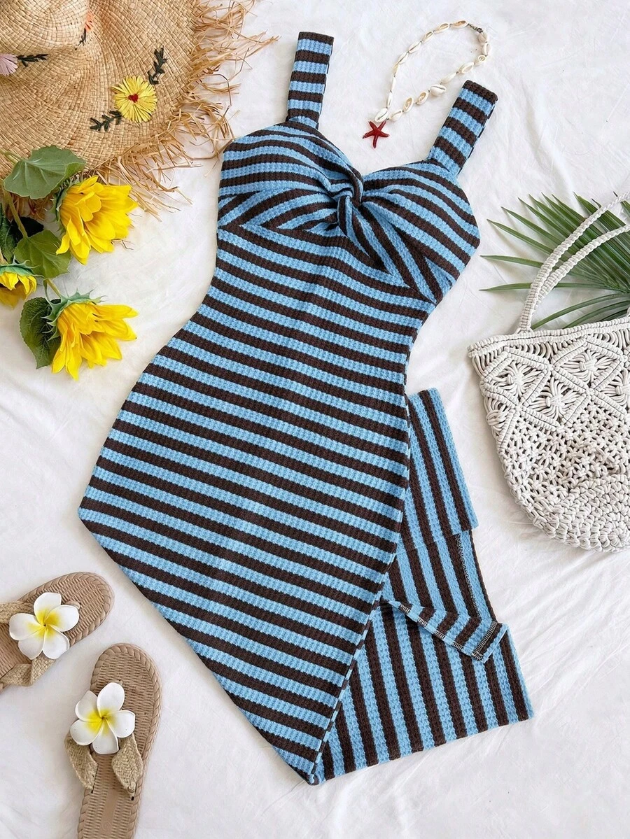 Soleia Vestido midi casual de mujer con rayas y detalle de torsión para vacaciones - lago azul - Ver 1