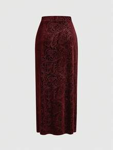 ROMWE Goth Falda elegante de línea A de terciopelo con relieve estilo gótico vintage para mujer - Burdeos - Ver 2