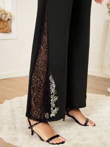 Reflora Plus Size Solid Color High Waist Lace Patchwork Flare Pants Lace Pants For Woman Elegant Pants For Women Buissness Casual Women Pants Lace Insert Pants Wide Leg Pants - Black - View 2