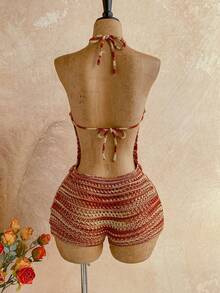 Soleia 女士度假针织渐变纹理吊带迷你连体裤，性感派对约会海滩度假夏季装扮，适合度假约会、下午茶、婚礼季、海滩邮轮度假、城市自驾游度假、波西米亚风度假、音乐节等场合。 - 彩色 - 查看 2