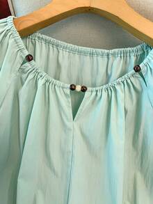 GlowEve CURVE Plus Size French Style Loose Short Sleeve Square Collar + Pleated Design Plus Size Blouse - Green - View 6