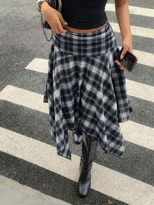 Aloruh 女士春夏新款不对称下摆格子中长裙，复古Y2K街头风 - 藏蓝色 - 查看 1