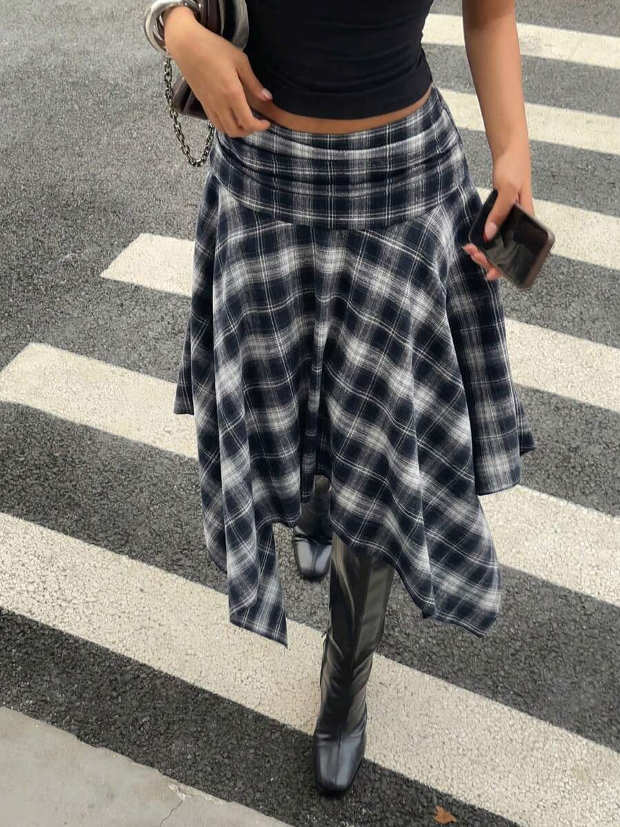 Aloruh 女士春夏新款不对称下摆格子中长裙，复古Y2K街头风 - 藏蓝色 - 查看 1