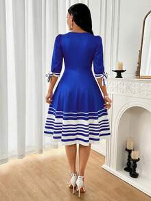 SHEIN Lady Đầm trang trí kẻ sọc trắng, kiểu dáng thanh lịch dành cho nữ, cỡ A. - Xanh và trắng - Xem 2