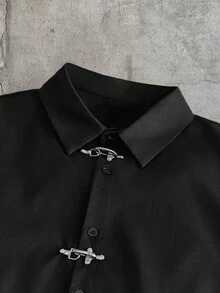 AXEPEAK Men's Solid Color Short Sleeve Casual Loose Button-Down Shirt - Black - View 3