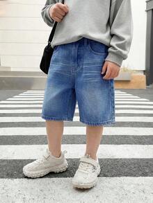 SHEIN Little Byeori 青少年男童休闲百慕大牛仔短裤，带口袋 - 中等水洗藍 - 查看 6