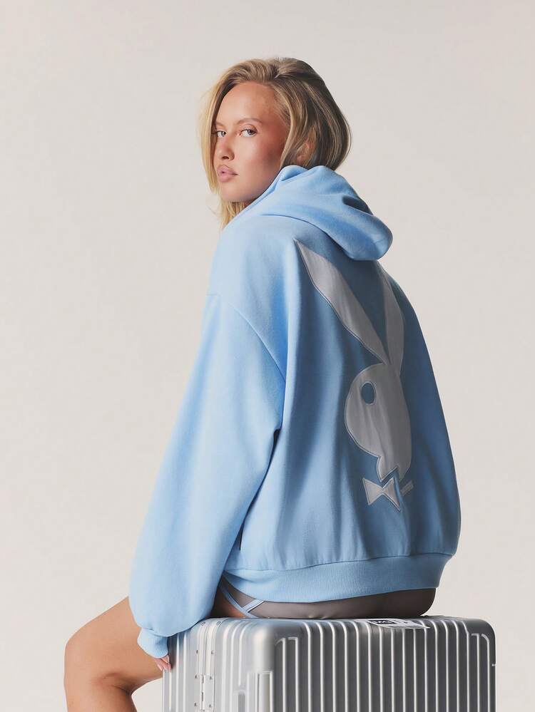 Missguided x Playboy Oversized Graphic Pullover Hoodie With Drawstring Front Chest Print Centre Pocket Relaxed Fit Long Sleeve Casual Sweatshirt